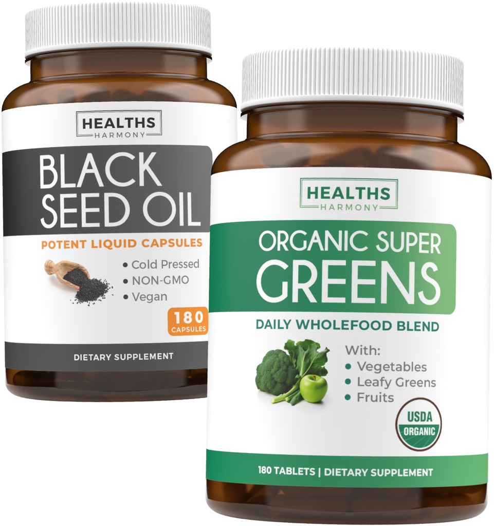 Black Seed Oil & Organic Super Greens (3-Month Supply) Seed & Spout Bundle of Black Seed Oil (180 Kapsule) Cold-Pressed Nigella Sativa & Organic Super Greens Powder (180 tabliet) Complete Superfood