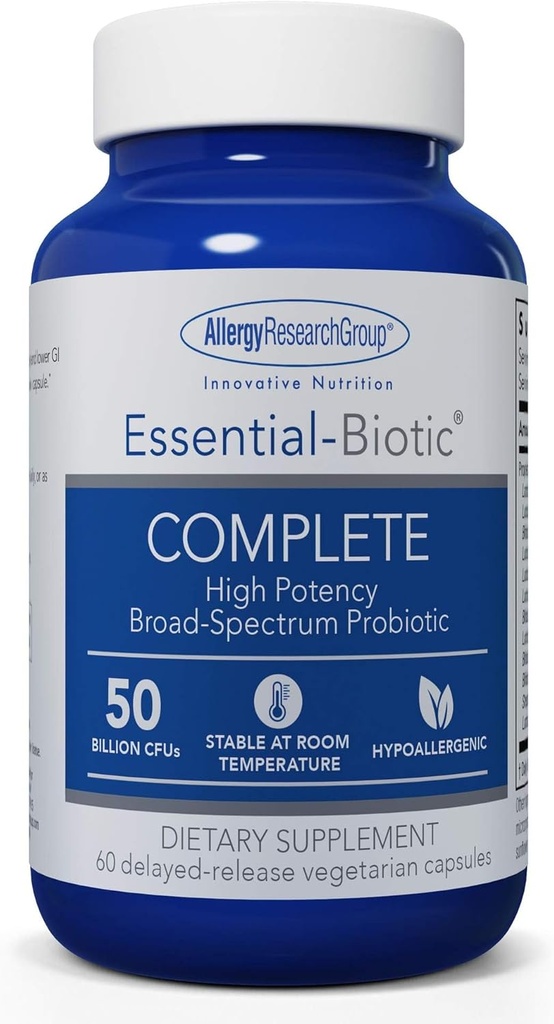 Allergy Research Group Essential-Biotic Complete Supplement - High Potency Probiotiká pre mužov a ženy, Podpora Gut & Digestive Health, 50 miliárd CFU, Oneskorené-Release Vegetariánske kapsule - 60 Počet