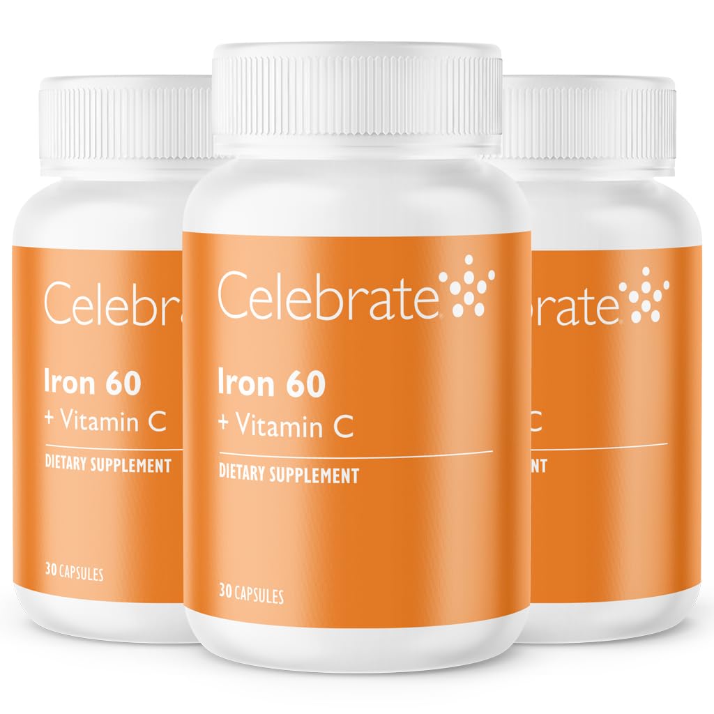 Oslavujte vitamíny Železo Supplement s vitamínom C - 60 mg Železo, 60 mg Vitamín C, Bariatrické vitamíny pre pacientov s WLS, Vertikálny rukáv a žalúdočné bypass chirurgia (90 kapsúl)