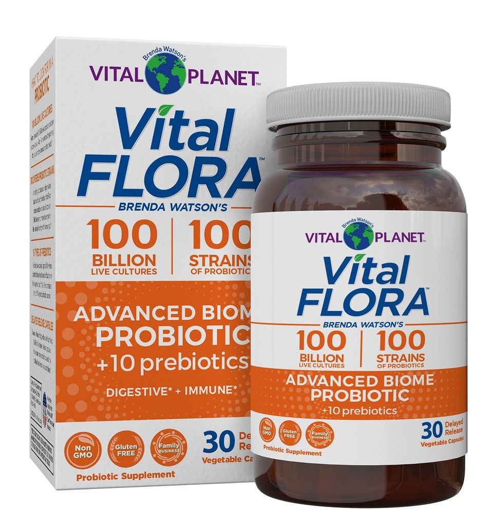 Vital Planet - Vital Flora Advanced Biome Probiotic 100 miliárd CFU, 100 rôznych kmeňov, 10 Organic Prebiotics, Immune Support, Colon and Digestive Health Probiotiká pre ženy a mužov 30 Kapsule