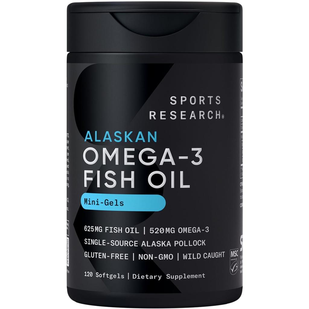 Športový výskum rybí olej Mini-Softgels - Ľahko prehltnúť Omega-3 mastné kyseliny z Wild Caught Aljaška Pollock - 625mg, 120 Softgels
