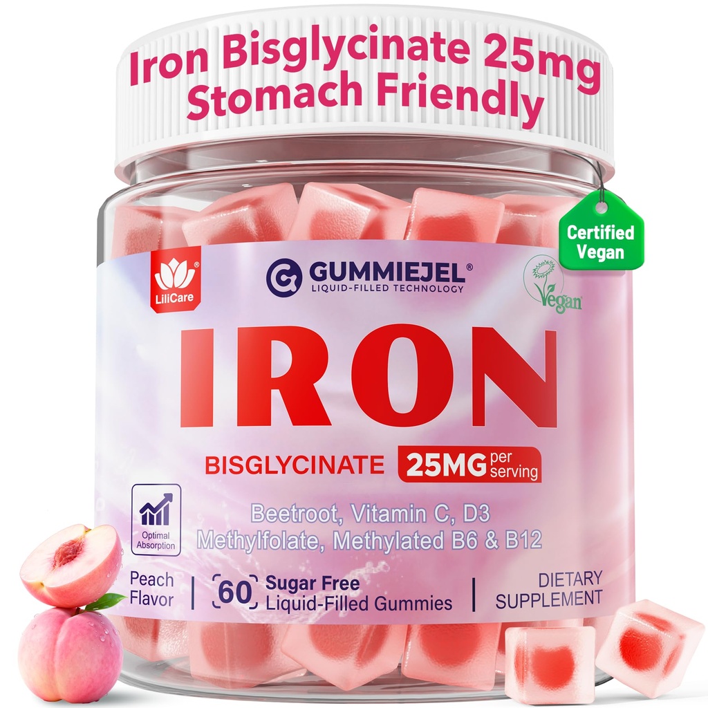Vegánske železité doplnky pre ženy 25mg, bezcukrové železité guličky s vitamínom C, methy B12, folát pre energetické boost, nedostatok železa, žiadne po chuti, broskyňová príchuť - 60 gróf (Stock of 2)