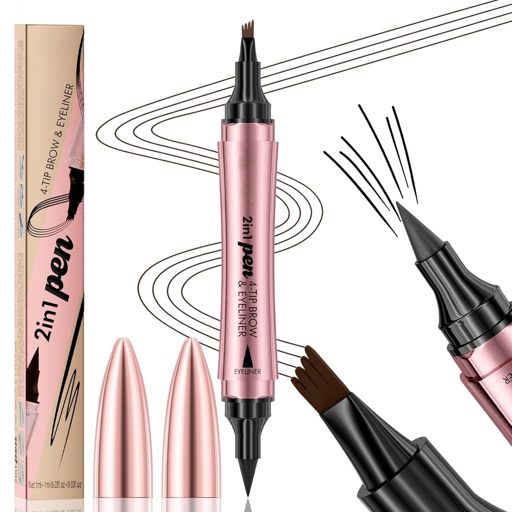 Q710 2in1pen,4-Tip pero pre obočie&Eyeliner, Dcuble-end design,divoké obočie make-up,mikroblading obočie pero, vodeodolné,Soft nib,With one smoothtake(2#Dark Brown)