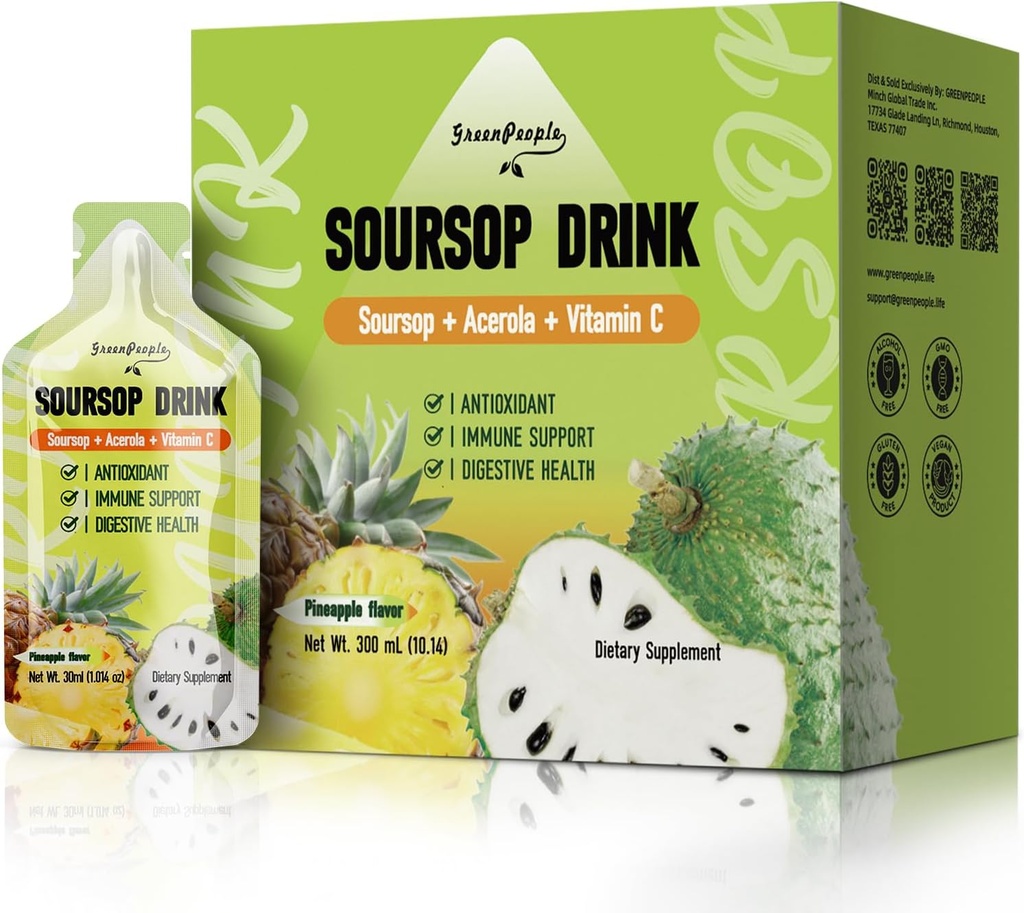 GREENPEOPLE Soursop & Acerola Liquid Supplement Drink, Soursop Bitters Liquid, Immune Posilnenie vitamín C nápoj, rýchla absorpcia, Vegan, non-GMO, 10 paketov