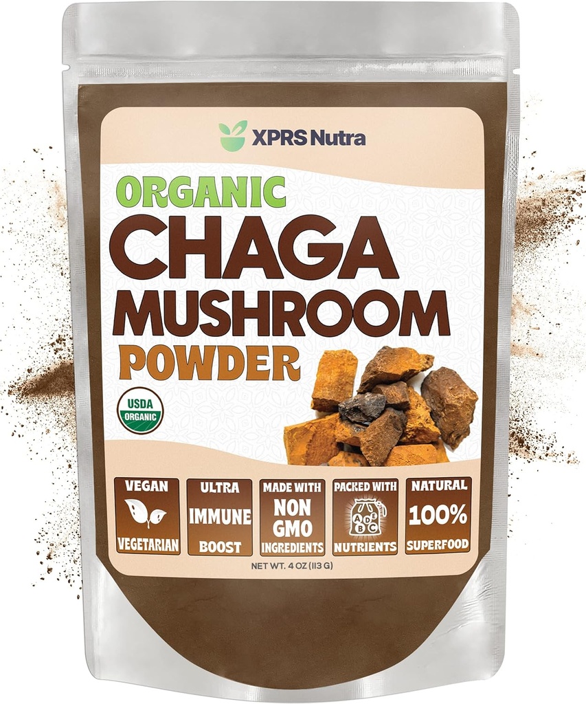 XPRS Nutra Organic Chaga Mushroom Powder - Premium USDA Organic Chaga Huby Powder - Chaga Powder for Imunity - Vegan Friendly Superfood for Chaga Tea and Beapers (4 Ounce)