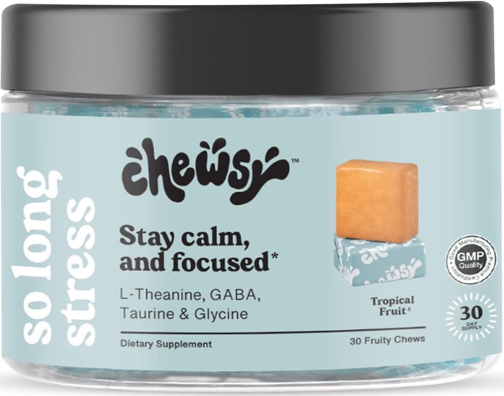 Chewsy So Long Stres, Pokojný ovocný Chews, Ukľudnite sa a sústrediť. w/L-teanín, aminokyselina, GABA, glycín, tyrozín, taurín a horčík. Tropické ovocné žuvy, 30-dňová dodávka
