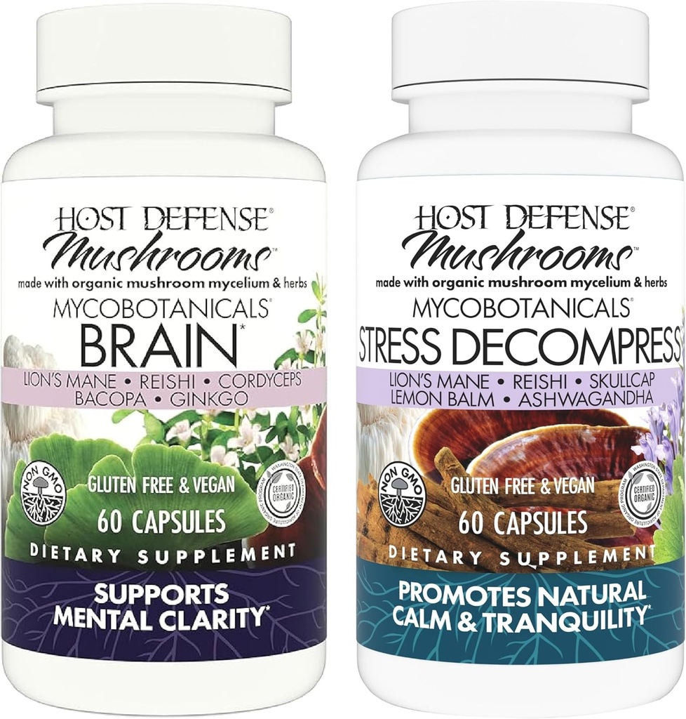 Host Defense Bundle s MycoBotanics Mozog* Kapsule, 60 Gróf a MycoBotanics Stress Decompress* Kapsule, 60 Gróf - Podpora Pamäť a Zaostrenie - Podpora Relaxácia