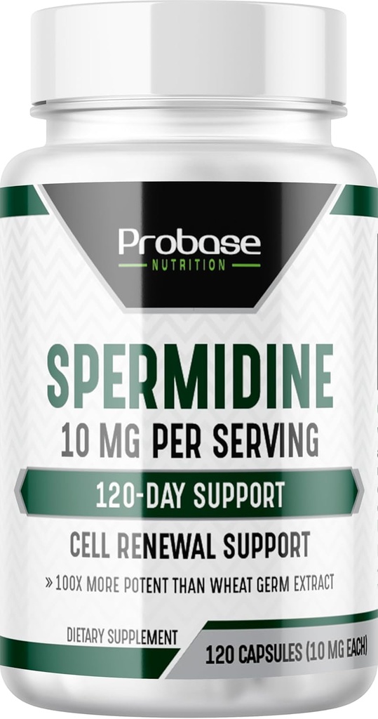 Probase Nutrition Spermidin (10 mg 99% Spermidin 3HCL - Testovaná tretia strana) 120 Kapsule - 100x Viac Potent Than Pšeničné klíčky Extract, Telomere Health and Aging 120-Day Supply - As effective as NMN