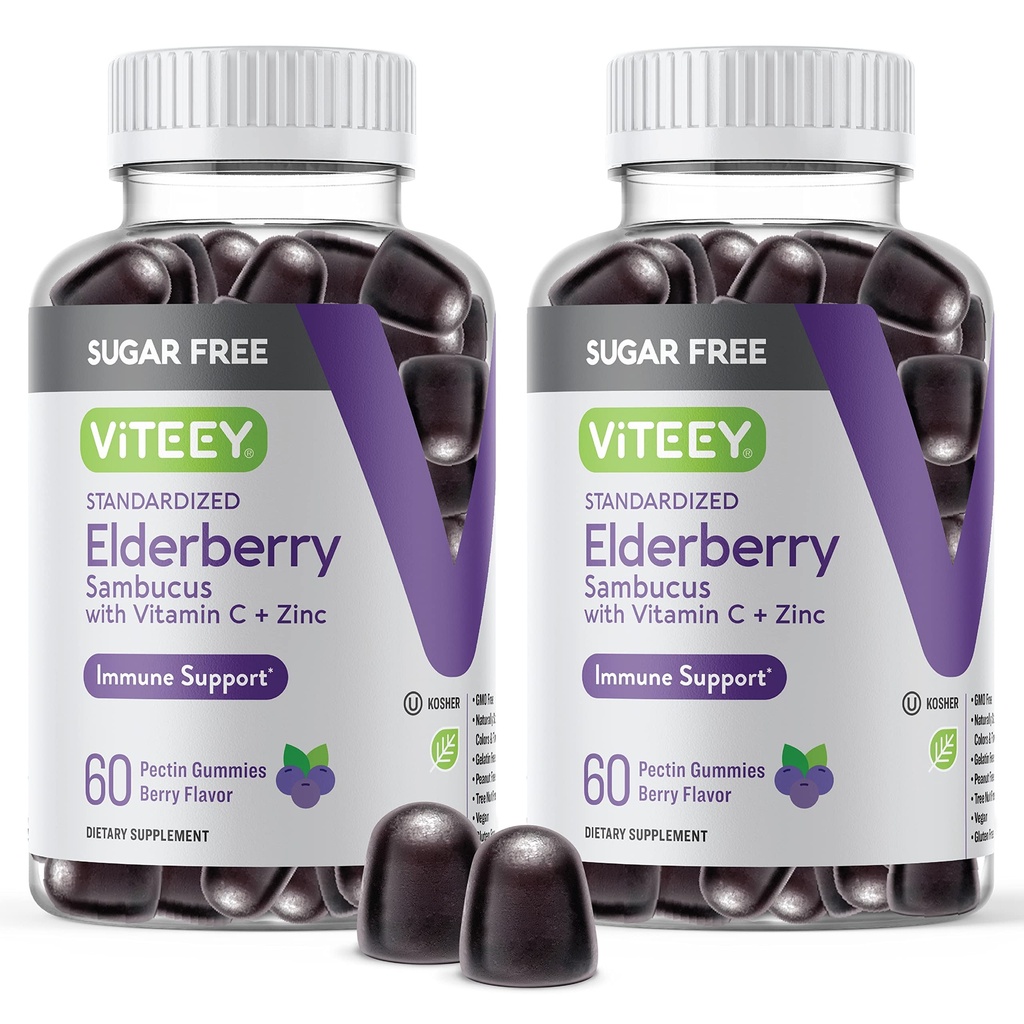 VITEJSKO Sambucus Staršie plody Gummy pre dospelých & Teens + Zinok a vitamín C - bez cukru - Imunitná podpora a booster bylinné doplnky - Vegan, bez lepku, želatína, bez GMO, Chewable Berry Ochutené