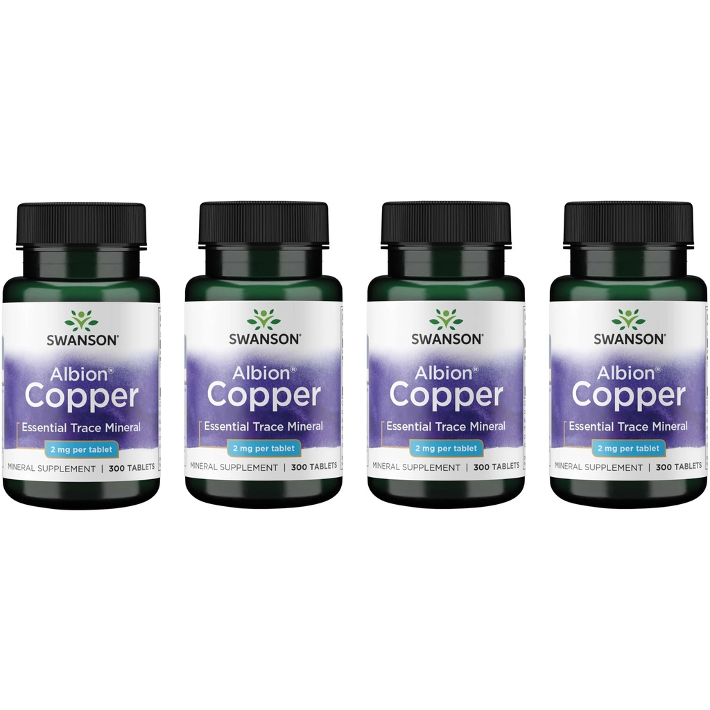 Swanson Meď Antioxidant Imunitný systém Červené krvinky Podpora Minerálne doplnky (Chelát kotla) 2 mg 300 Tablety (4 balenia)