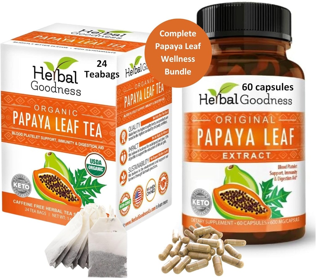 Papaya Leaf Extract Capsule a Papaya Leaf Tea Bundle - Kompletne podporovať Immune zdravie a tráviace wellness