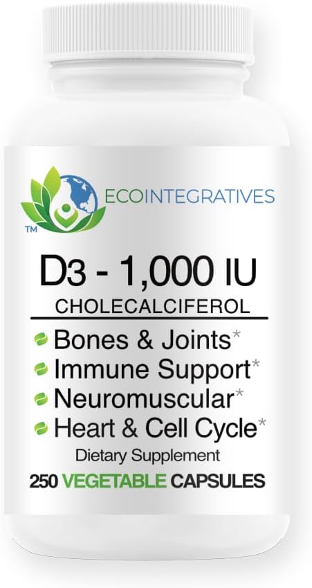 Vitamín D3-1000 IU 25 μg (cholekalciferol) Hypoalergénna podpora svalov, kostí a zubov, prsníka, prostaty, kardiovaskulárneho, kolonického a imunitného zdravia (250 Veggie Capsules)