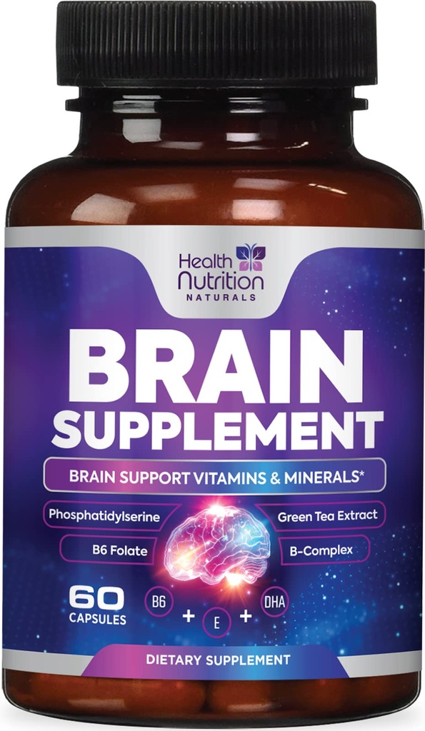 Brain Doplnky pre pamäť a zaostrenie - Extra sila Nootropic Kapsule pre koncentráciu, pohotovosť, Kognitívna podpora - Fosfatidylserín, DMAE, Brain Health Vitamíny B6 C E Zinok - 60 Kapsule