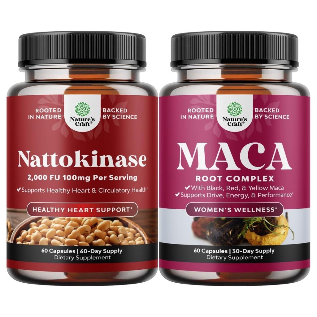 Bundle of Nattokinase Supplement for Healthy Heart Support - Traditional Japanese Natto Formula and Maca Root Capsules - Potent Herbal Supplement Female Enhancing Blend of Red Yellow & Black Maca Root