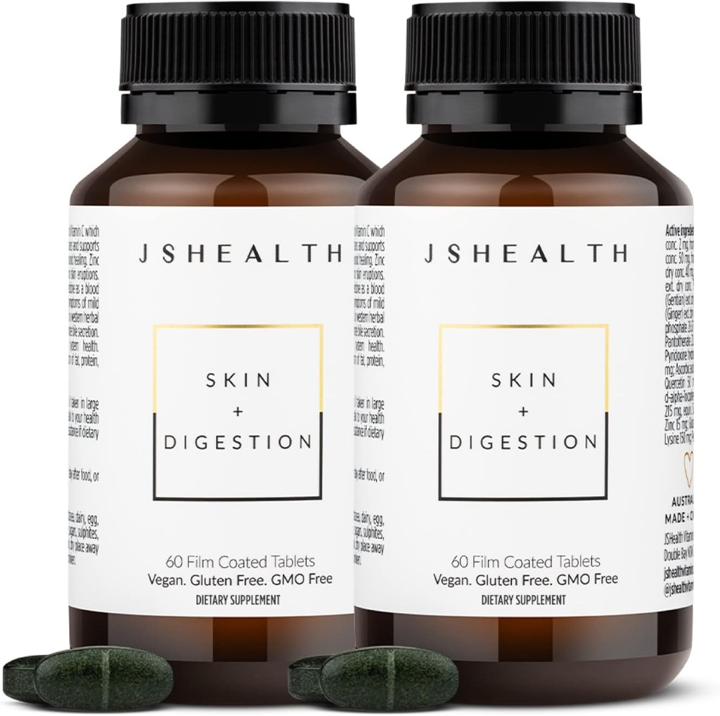 JSHealth Vitamins Skin and Digestion Formula Skin Vitamins | Clear Skin Supplement with Zinc for Acne | Acne Supplements for Clear Healthy Skin | Acne Treatment for Teens and Adults | 120 Count