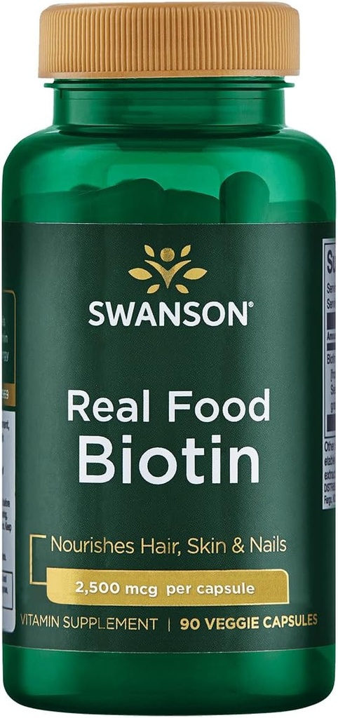 Swanson Real Food Biotin Vitamin B-7 Hair Skin Nail Metabolism Health from Organic Hummingbird Tree Extract Vegan Gluten-Free Non-GMO B7 5000 mcg 90 Veggie Capsules (Caps)