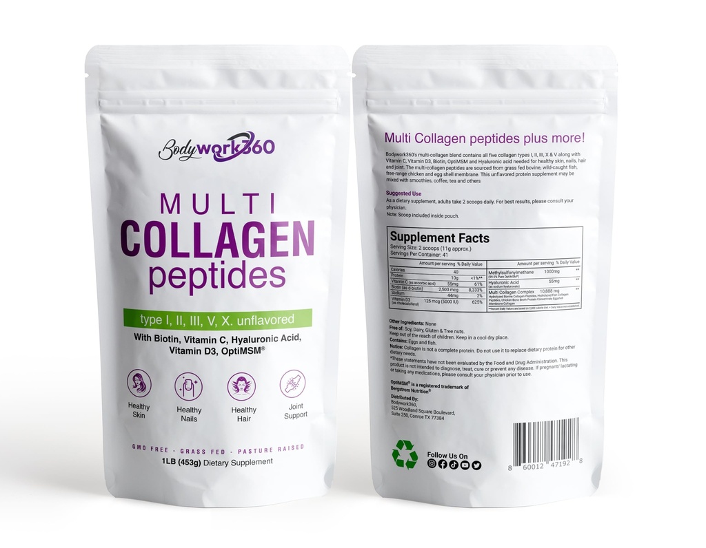Multi Collagen Peptides Powder for Men & Women | Type I,II,III,V,X with Hyaluronic Acid, Biotin, Vitamin C, Vitamin D3 & OptiMSM - Unflavored