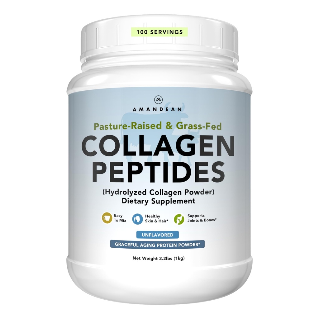 AMANDEAN Collagen Peptides Powder 1kg. Grass-Fed, Enzymaticky hydrolyzovaný, typ 1 a 3. Aglomerované, ľahko zmiešané, neochutené, ne-GMO. Proteín s 18 aminokyselín pre zdravú pokožku, vlasy, nechty.