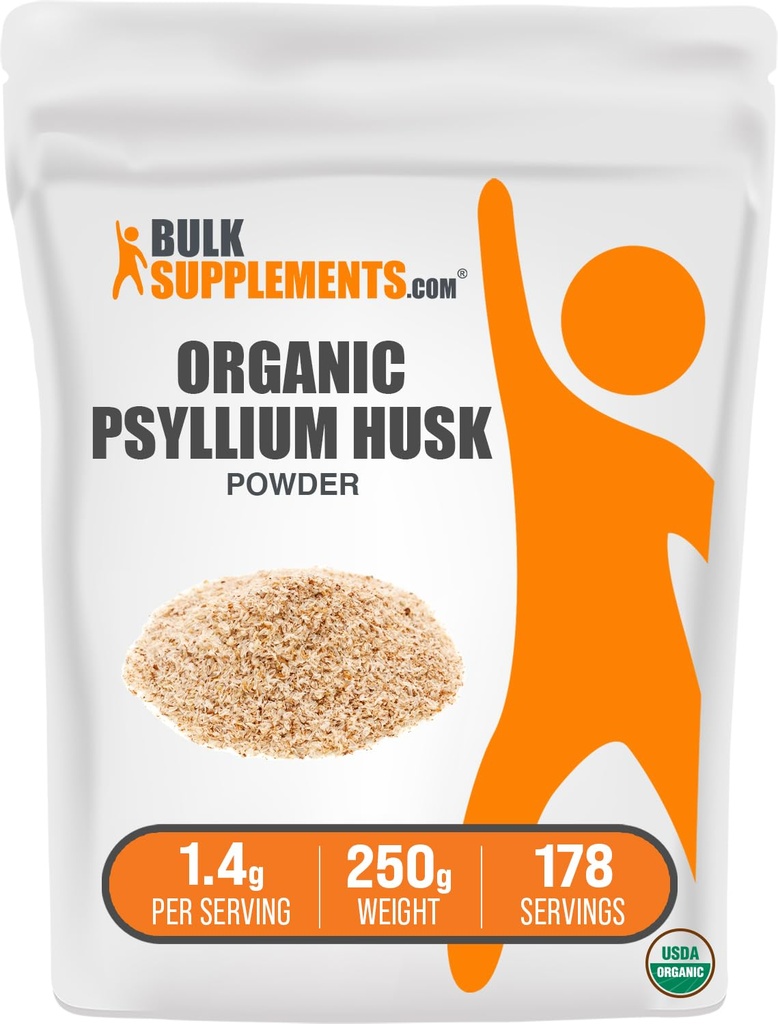 BulkSupplementments.com Organic Psyllium Husk Powder - Psyllium Husk Powder for Peaking, Fiber Supplement - Gluten Free, 1,4g per Serving, 250g (8,8 oz) (Pack of 1)