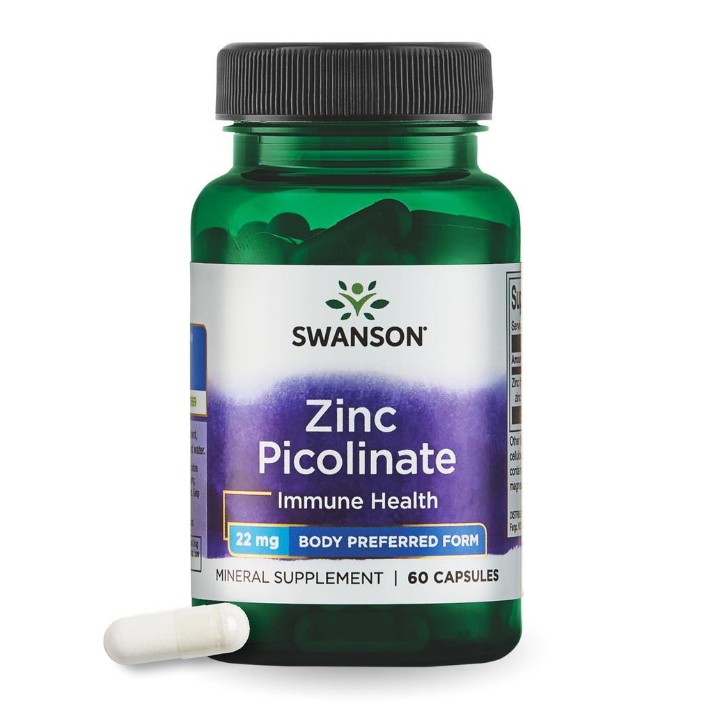 Swanson Zinok Picolinate - Minerálne doplnky podporujúce zdravie prostaty, zdravie vízie a imunitnú podporu - preferovaná forma oneskoreného zinku - (60 kapsúl, 22 mg každý)