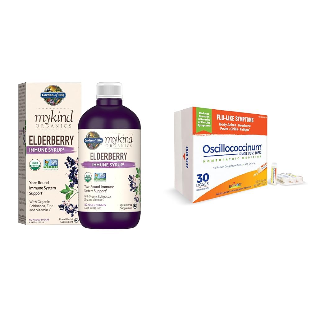 Garden of Life Organics Plant-Based Elderberry Immune Sirup 6.59 fl oz (195 Ml) & Boiron Oscillococinum pre úľavu od flu-ako príznaky telesnej bolesti