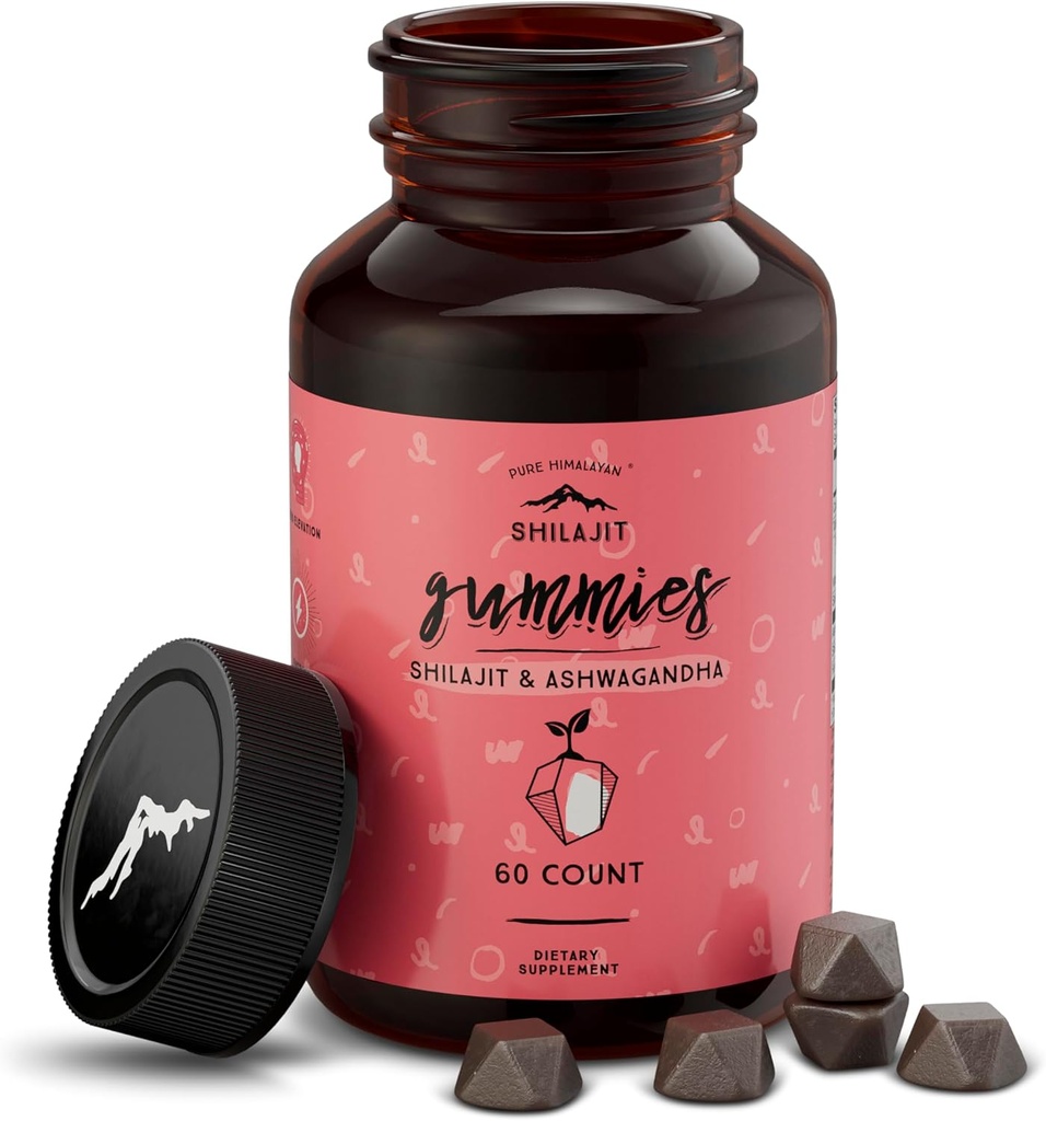 Pure Himalayan Shilajit Gummies, bez cukru, 85+ Stopové minerály a kyselina fulvová pre energiu, metabolizmus a imunitná podpora, Shilajit pre mužov a ženy, Ashwaghanda Gummies (60 Počet)