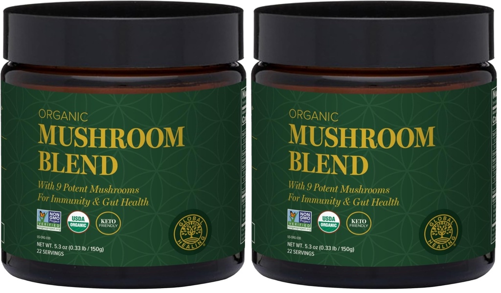 Global Healing Organic Mushroom Powder Supplement Blend 9.5 Ounces - Cordyceps, Chaga, Reishi, Turkey Tail Mushroom for Immune and Gut Health - Nootropic Focus Supplement Superfood (Pack of 2)