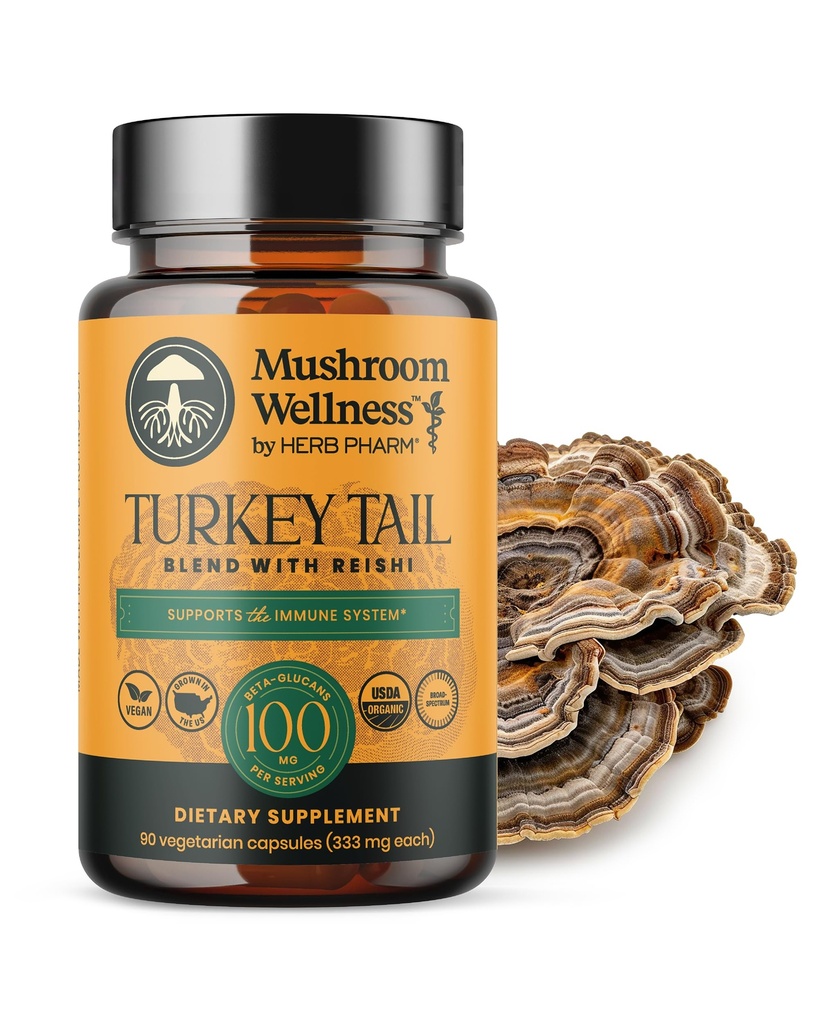 Mushroom Wellness Turkey Tail Blend with Reishi: Organic Turkey Tail & Reishi Mushroom Capsules, Mushroom Powder Supplement, Traditional Immune, Energy & Vitality Support, 90 Vegan Capsules