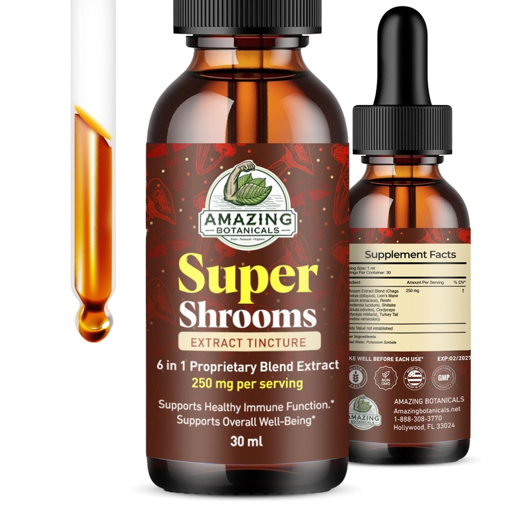 Organic Super Shrooms 6 in 1 Mushroom Wellness Tonic – 250mg per serving of Chaga, Lion’s Mane, Reishi, Shiitake, Cordyceps, Turkey Tail – Non-GMO, Sugar & Alcohol-Free Drops – 1oz/30ml