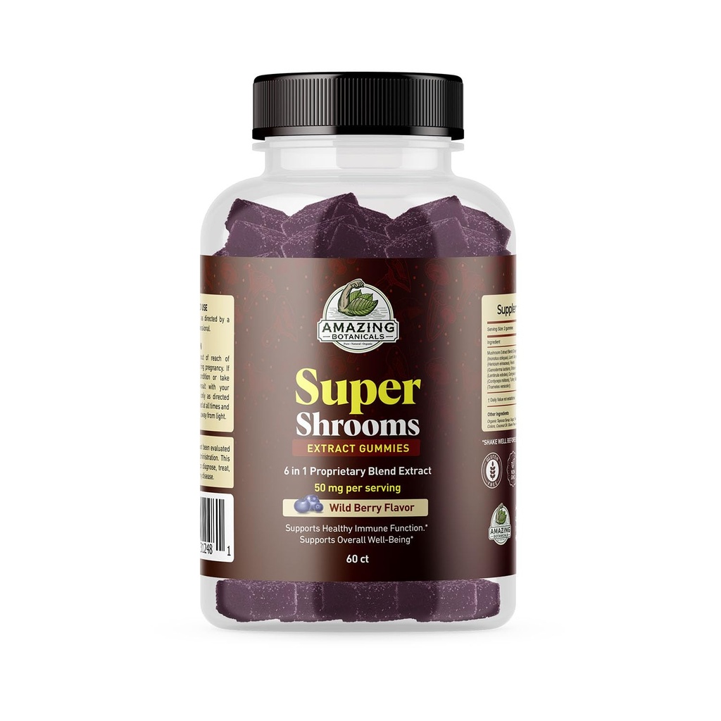 Super Shrooms 6 in 1 Organic Mushroom Wellness Gummies – Chaga, Lion’s Mane, Reishi, Shiitake, Cordyceps, Turkey Tail – Non-GMO Mushroom Extract Blend - Everyday Support Low Sugar Gummies - 60 Count