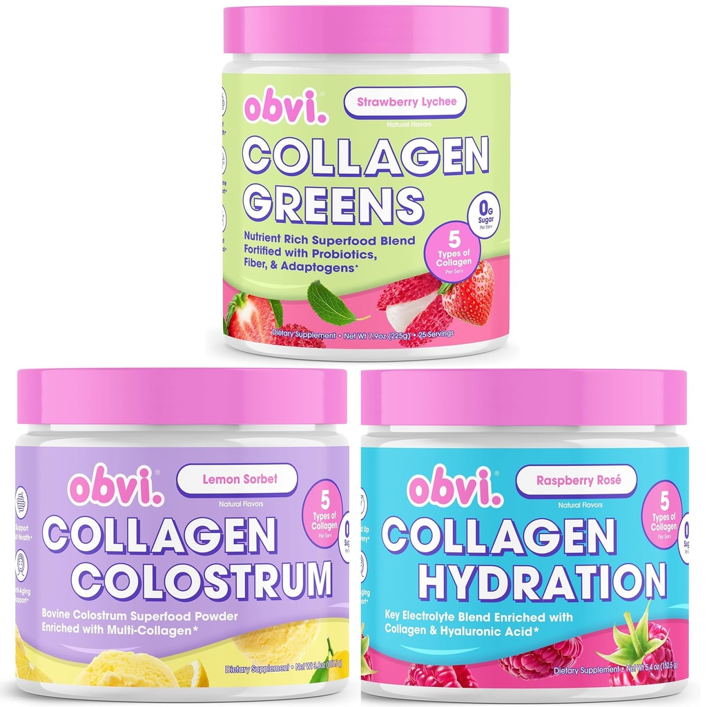 Obvi Collagen Peptide Colostrum, Collagen Greens & Hydration Powder | Support Gut Health, Immune, Skin & Joint Health | Sugar-Free, Collagen Peptides & Electrolytes | 30 Servings Each