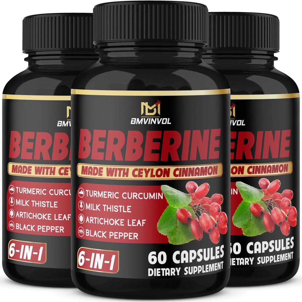(3 balenia) Berberine Supplement Plus Ceylon škorica, mlieko bodliak, kurkuma, Artičok Leaf, čierna Peppe - 6 mesiacov Zásoba - 180 kapsúl celkom