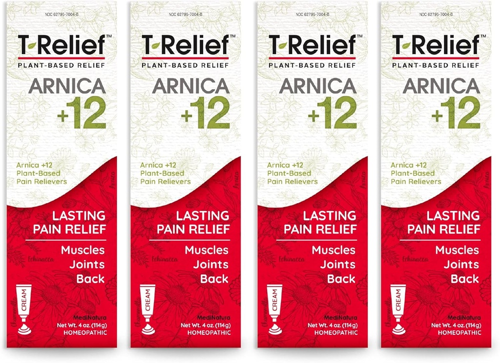 T-Relief Arnica +12 Cream Natural Relieving Actives for Back Pain Bolesť kĺbov Bolesť svalov a stuhnutosť, celé telo Rýchle pôsobiaci úľava pre ženy a mužov - 4 oz (4 balenia)