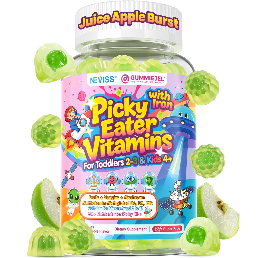 NEVISS Toddlers 2-3 & Kids 4+ Picky Eater Vitamins with Iron, for Minors Aged 2-17, Children Teens Multiviamin Supergreen Filled Gummies, Methylated B6, B9,B12, Fruits + Veggies + Mushroom, Sugar Free