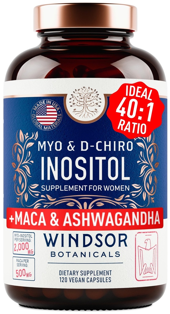 Myo a D-Chiro Inozitol Supplement 40:1 Ratio - 2,000 mg Myo-Inozitol plus Maca Root a upokojujúce Ashwagandha - Zdravé Ovarian Podpora Vitamíny a plodnosť Supplements pre Ženy - 120 Vegan Kapsule