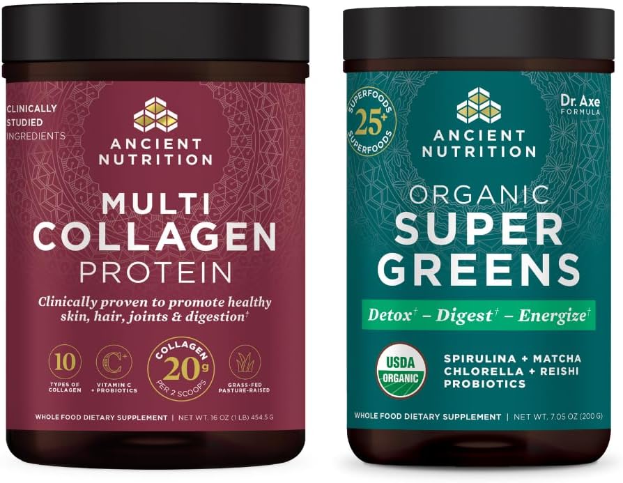 Ancient Nutrition Organic SuperGreens Powder, 25 Servings + Multi Collagen Protein Powder, Unflavored, 45 Servings