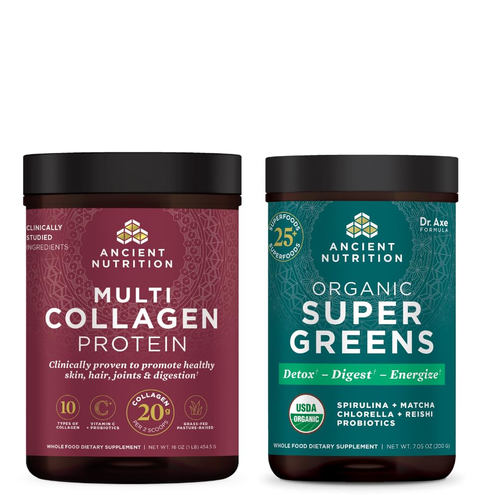 Ancient Nutrition Organic Supergreens Powder, 25 Servings + Multicolagen Protein Powder, unflaved, 45 Servings