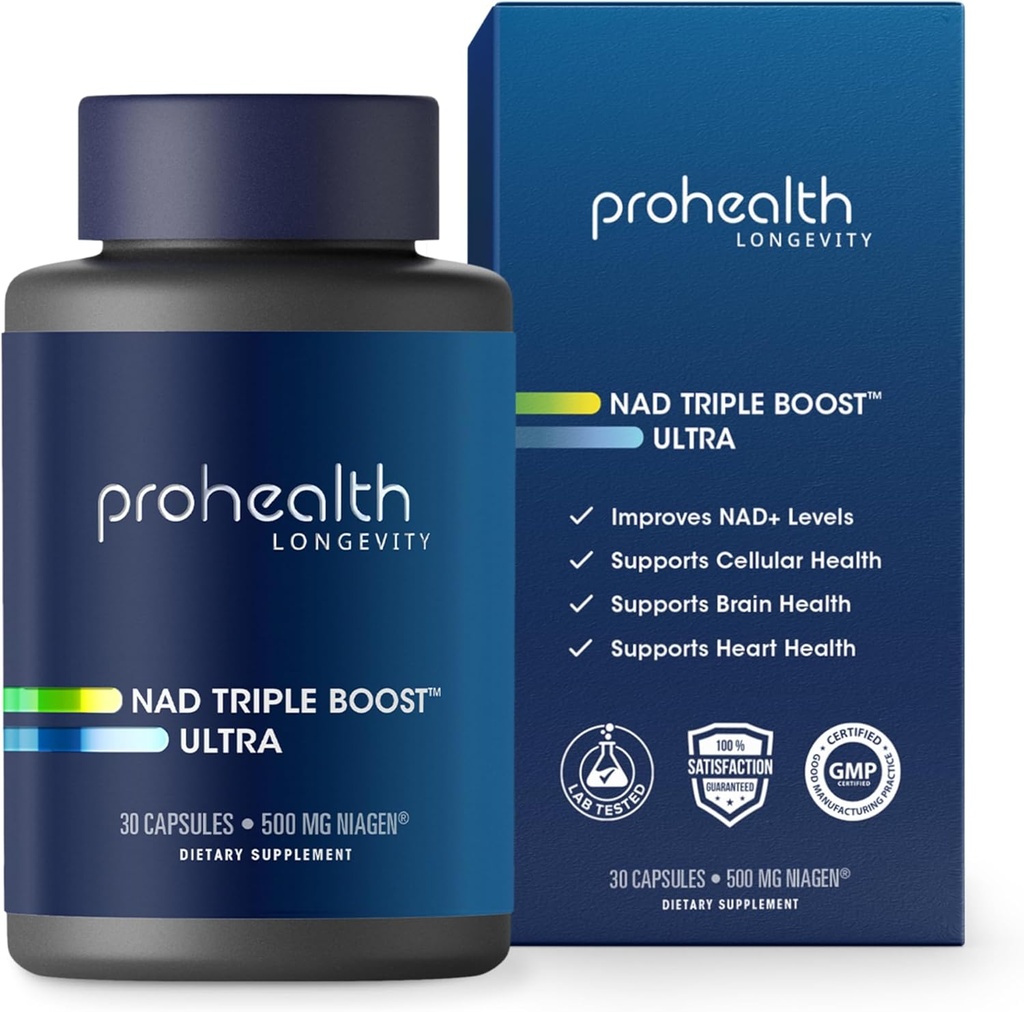 ProHealth NAD Triple Boost Ultra + 500 mg Niagen NR. 3X NAD+ Optimizer Plus Apigenin, PQQ, Quercetin. Podporuje dlhovekosť, srdce a zdravie mozgu, aktivuje sirtuíny pre bunkové opravy (30 slúži)