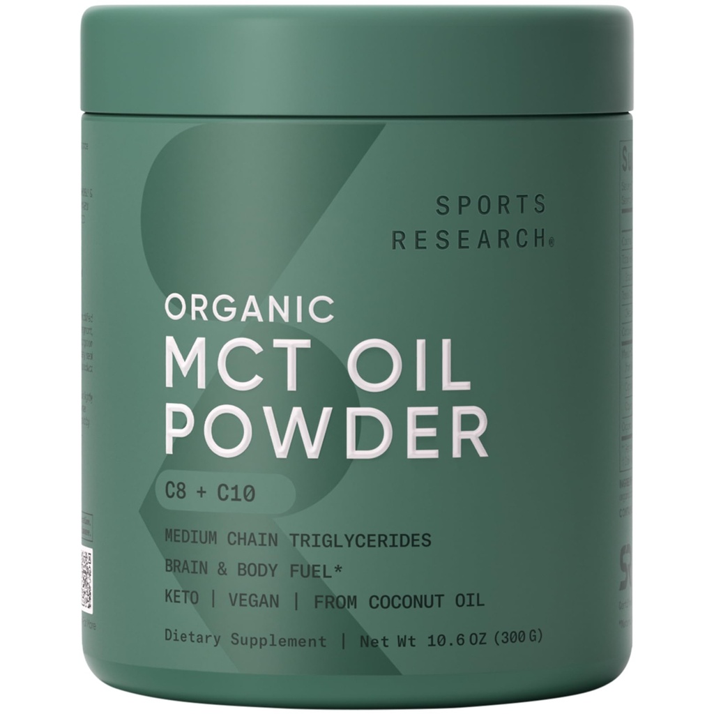 Športový výskum Organický MCT olej prášok - Keto & Vegan MCTs C8, C10 z kokosových orechov - mastné kyseliny mozgové a telové palivo, non-GMO & Gluten Free - Unflavred, Perfect in Coffee, Tea & Protein Shakes - 10,6 oz