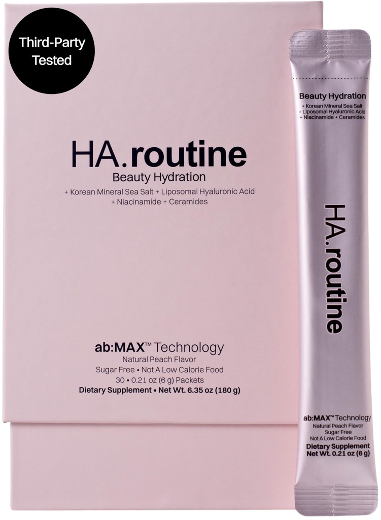 Haroutine Beauty Hydration Packets Electrolytes Powder with Hyaluronic Acid, Niacinamide & Ceramides for Skin Barrier Support Sugar Free Hydration Powder, Natural Peach Flavor, 30 Packets
