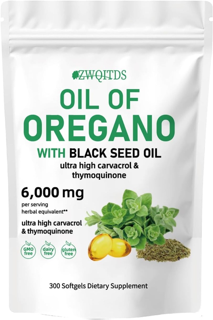 Olej z Oregano s čiernym olejom zo semien 2-in-1 Softgels 6000mg 300 Count Non-GMO Immune Support Bylinná formula