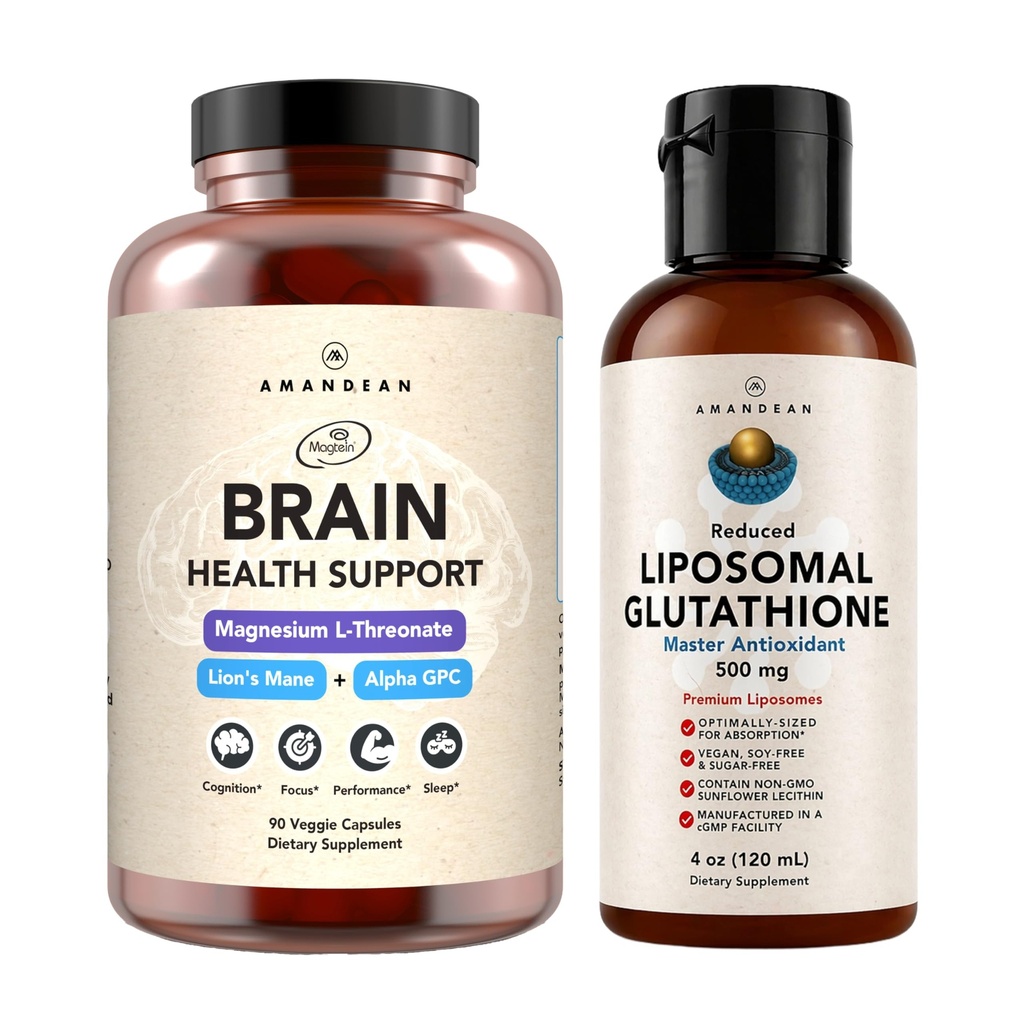 AMANDEAN Premium Brain Health Supplement & Lipozomálne Glutatión Bundle. Triple Formula s horčíkom L- Treonát, USA-Grown Organic Lion
