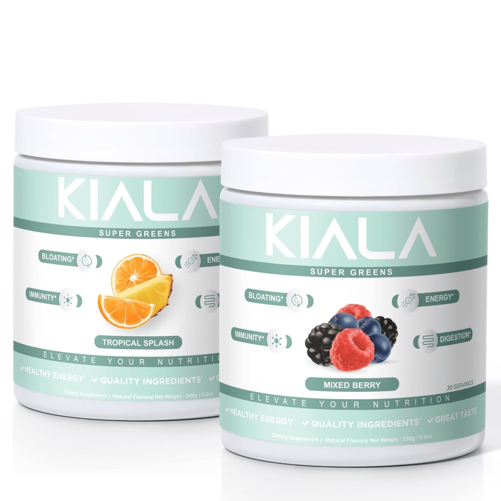 Kiala Nutrition Super Greens, Organic Greens Powder, Spirulina & Chlorella Powder, Sugar & Gluten Free Vegan, Spectra Blend, Tropical Slush, Mixed Berry 2 Pack