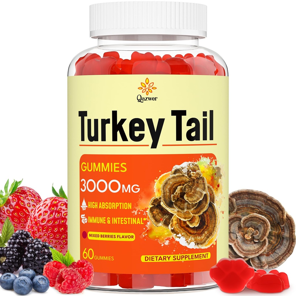 Turkey Tail Mushroom, Turkey chvost (100% Fruiting Body, 40% Beta Glucans) pridať Black Pepper, Hubové Gummy pre Gut, Energy, Brain & Immune Support, Mixed Berries Flavor 