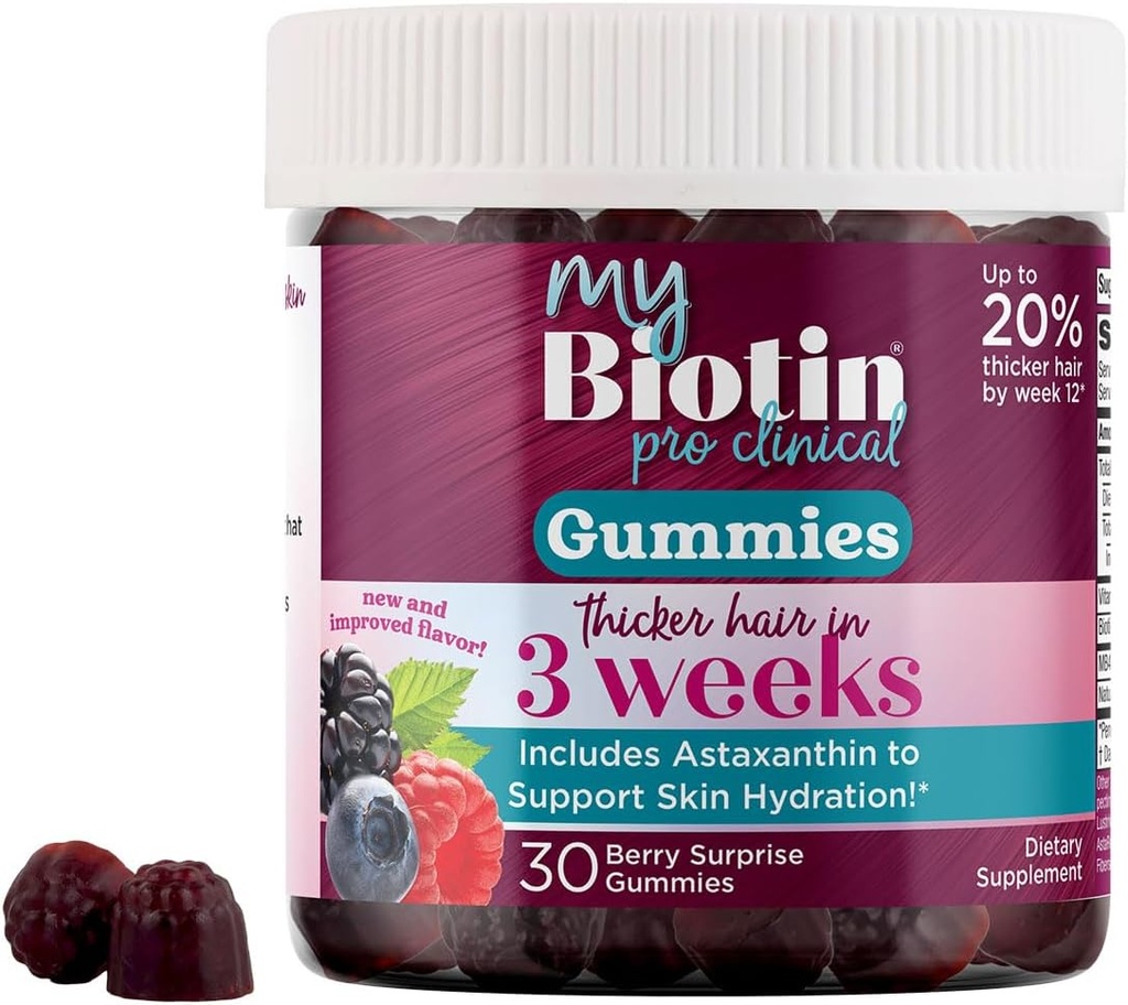 Purity Products MyBiotin ProClinical Gummies - Thicker Hair Starting in 3 Weeks & Fights Wrinkles - MB40X Biotin Matrix w/Astaxanthin - 40X More Soluble vs Ordinary Biotin 30 Berry Gummy Chews