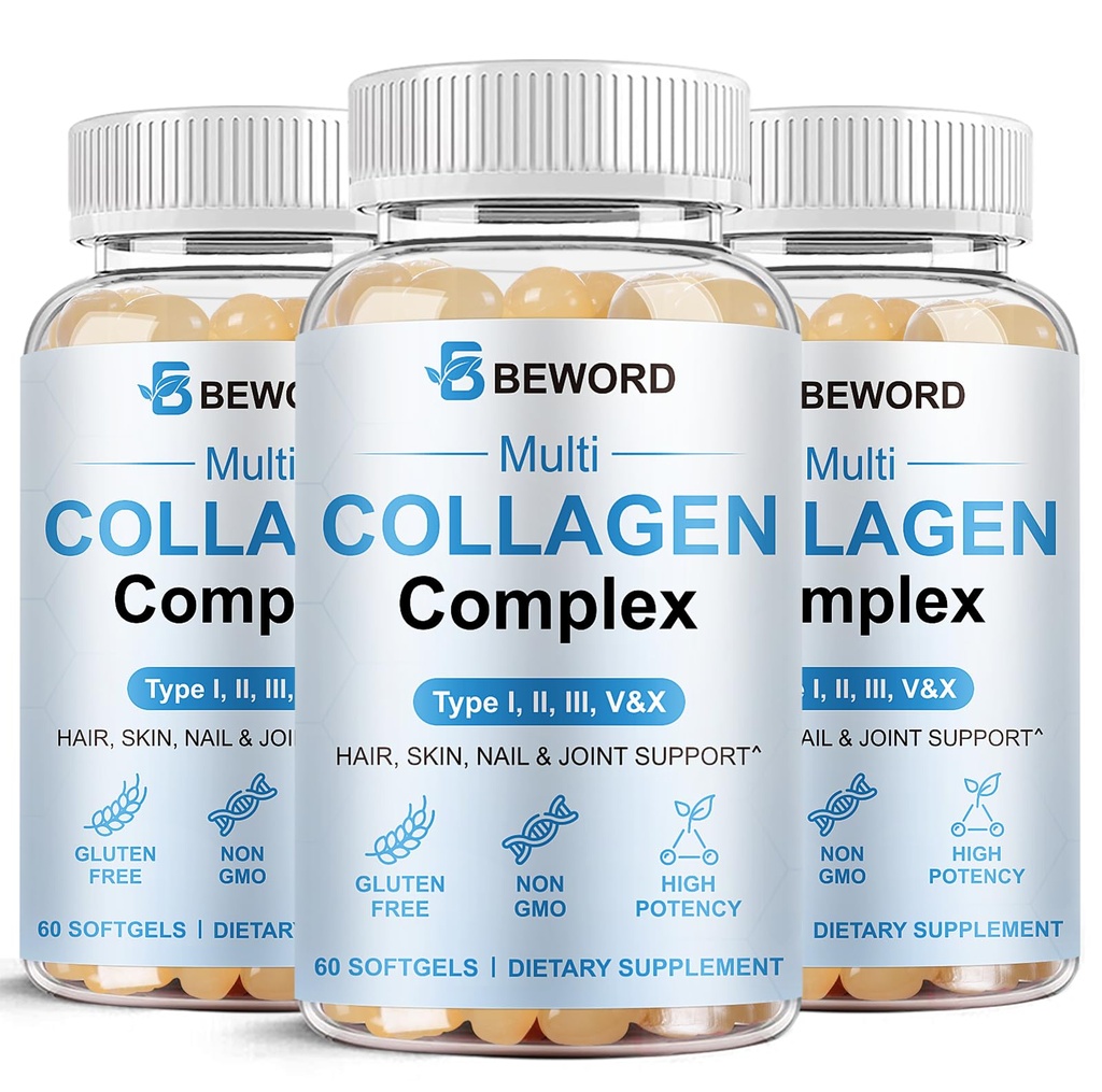 BEWORD Multi Collagen Softgels for Women & Men, 180 Capsules - Type I,II,III,V,X Hydrolyzed Collagen w/Vitamin C & Hyaluronic Acid - Supports Skin, Hair, Nails, Joints - Grass-Fed, Non-GMO, 3 Pack