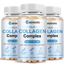 BEWORD Multi Collagen Softgels for Women & Men, 180 Capsules - Type I,II,III,V,X Hydrolyzed Collagen w/Vitamin C & Hyaluronic Acid - Supports Skin, Hair, Nails, Joints - Grass-Fed, Non-GMO, 3 Pack