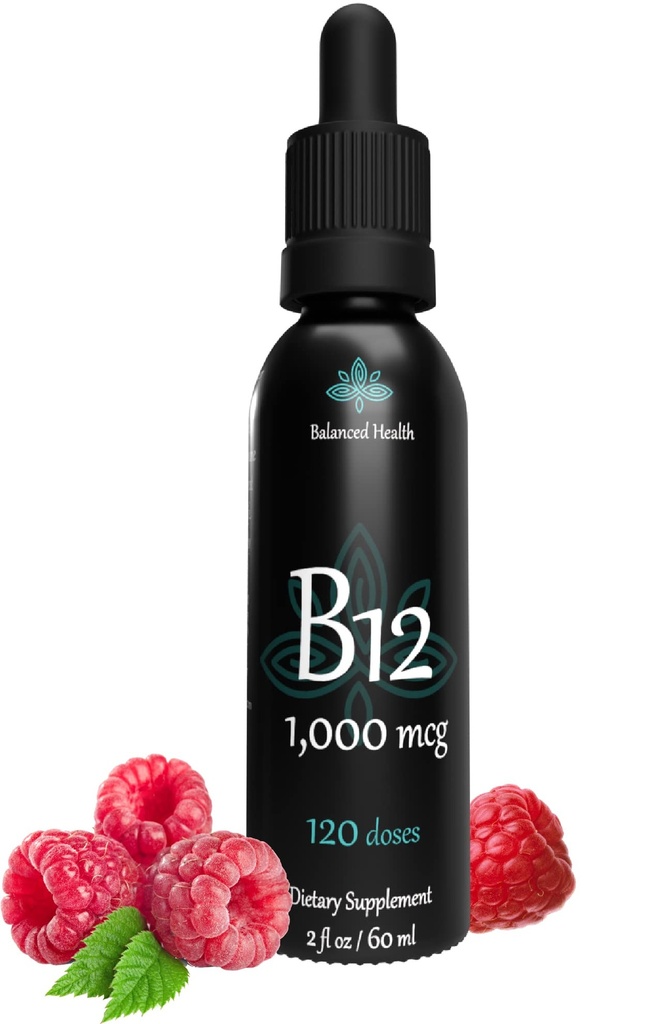 B12 1,000 μg, 2oz 120 Slúži, Malinová chuť, Metylkobalamín Sublingválne kvapky