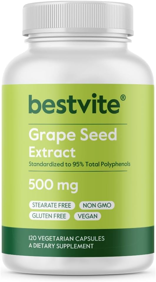 BESTVITE extrakt z hroznového semena 500mg (120 Vegetariánske kapsuly) - žiadne stearáty - normalizované na 95% Polyfenoly