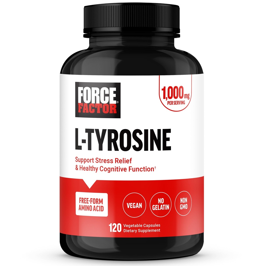 FORCE FACTOR L Tyrozine Stress Relief Supplement, L-Tyrosine Brain Health Doplnky pre dospelých, L-Tyrosine 500mg Kapsule, Free Form, Vegan, Žiadna želatína, Non-GMO, 120 Kapsule